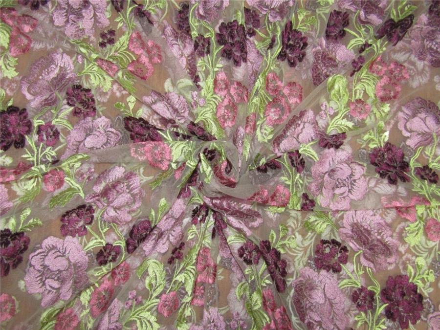 heavily embroidered net fabric light olive x multi color 44&quot;wide