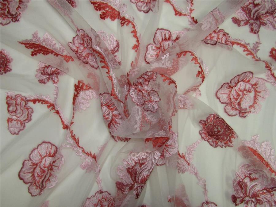 heavily embroidered net fabric ivory x pink,coral color 44&quot;wide B2#89