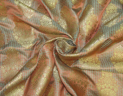 Brocade fabric Rusty orange /sea green x metallic gold 44&quot;wide