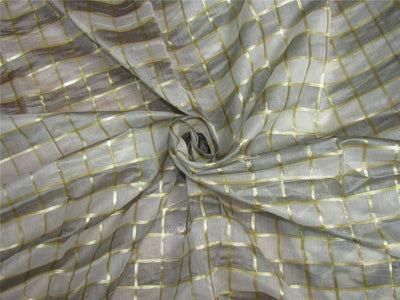 silk chanderi Brocade fabric plaids grey/ivory/gold 44&quot; wide