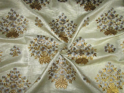 Brocade fabric cream/metallic gold with blue embroidery color 44&quot;wide