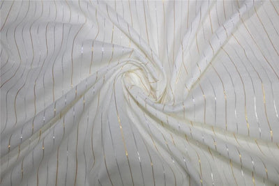 White heavy cotton fabric with Gold x Silver color stripe lurex weave 44&quot;wide