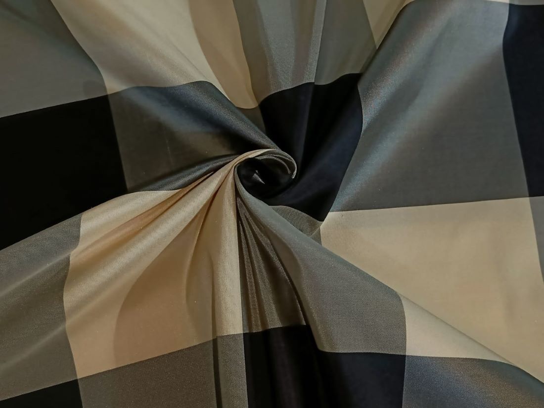 Silk Taffeta Fabric Dark Cream / Grey / midnight black 4x 4&quot; plaids TAFC44