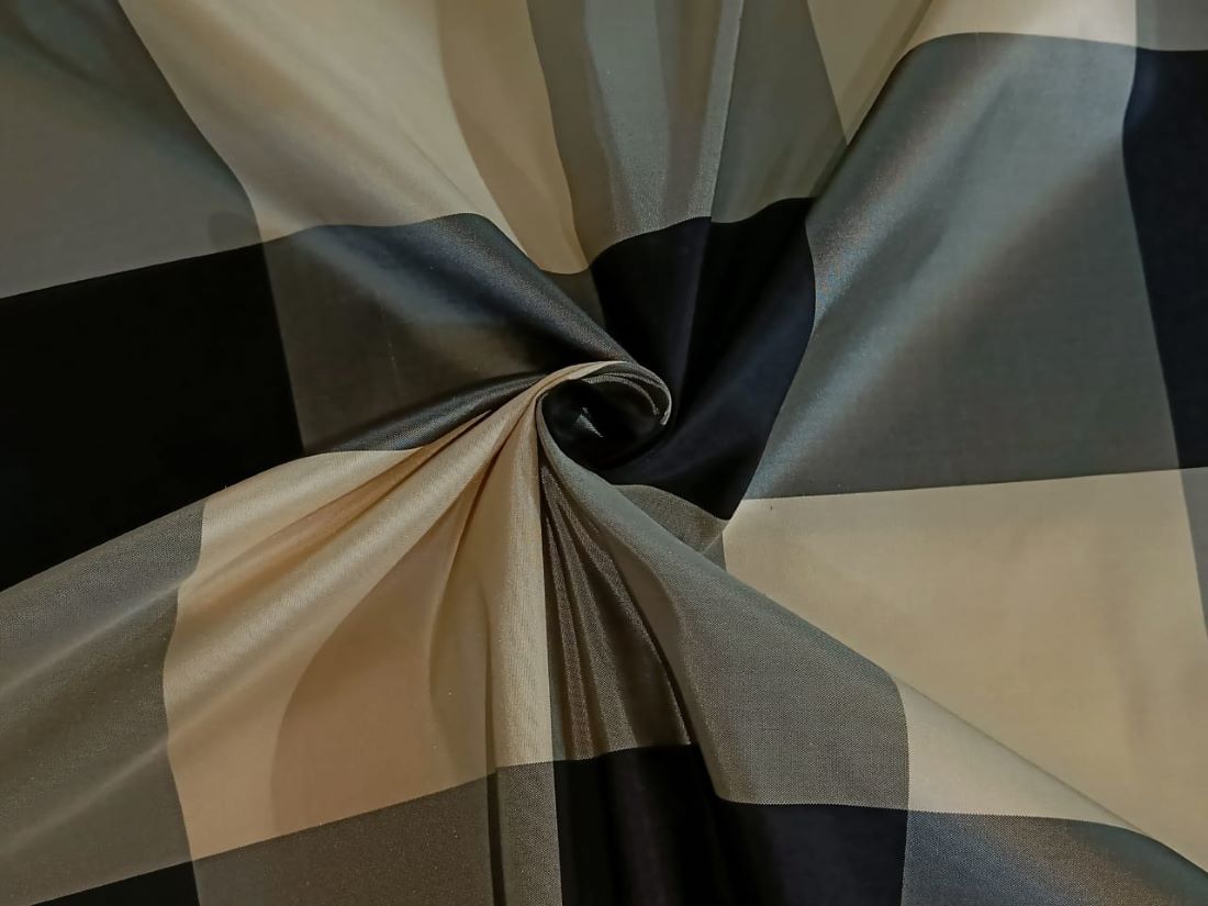 Silk Taffeta Fabric Dark Cream / Grey / midnight black 4x 4&quot; plaids TAFC44