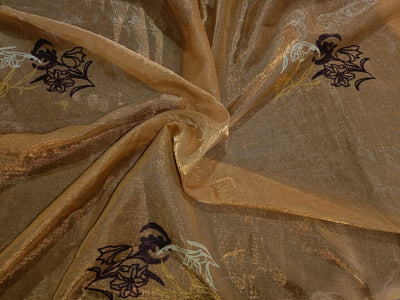 100%  Silk tissue fabric Golden brown with motif embroidery 44" wide [12383]