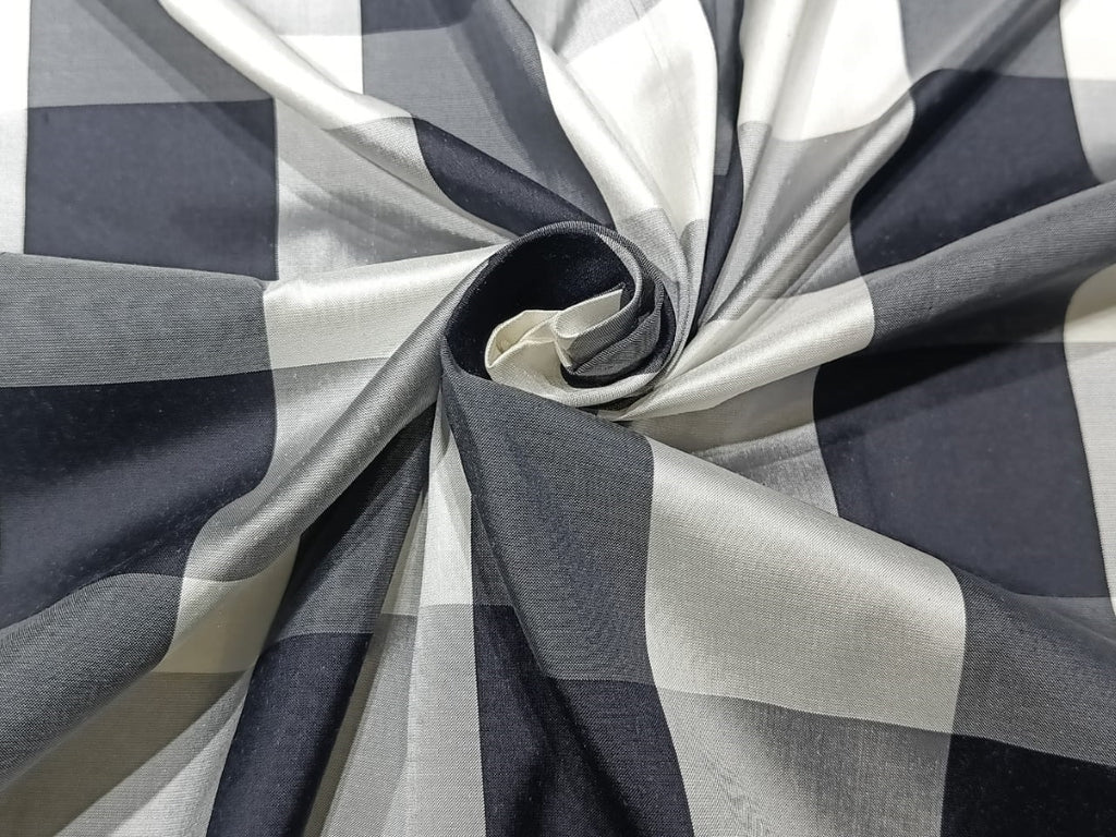 100% silk dupion fabric silver greyand ivory black PLAIDS  ~ 54" wide