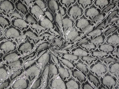 SILK BROCADE FABRIC SILVER GREY WITH IVORY color 44" wide BRO371[3]