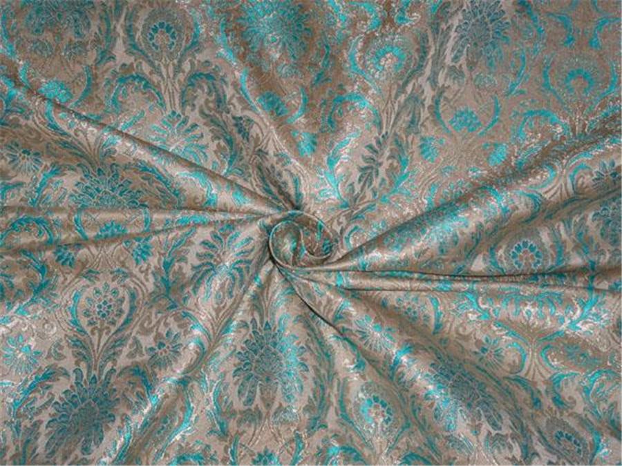 SILK BROCADE~WIDTH 36&quot;~ BLUE BEIGE X METALLIC GOLD COLOUR