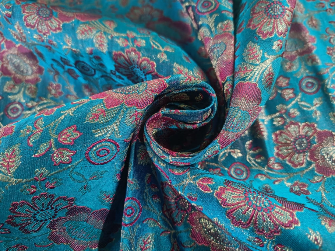 Silk Brocade fabric Blue ,Pink &amp; Gold Color 44&quot; single length 1.40 yards only