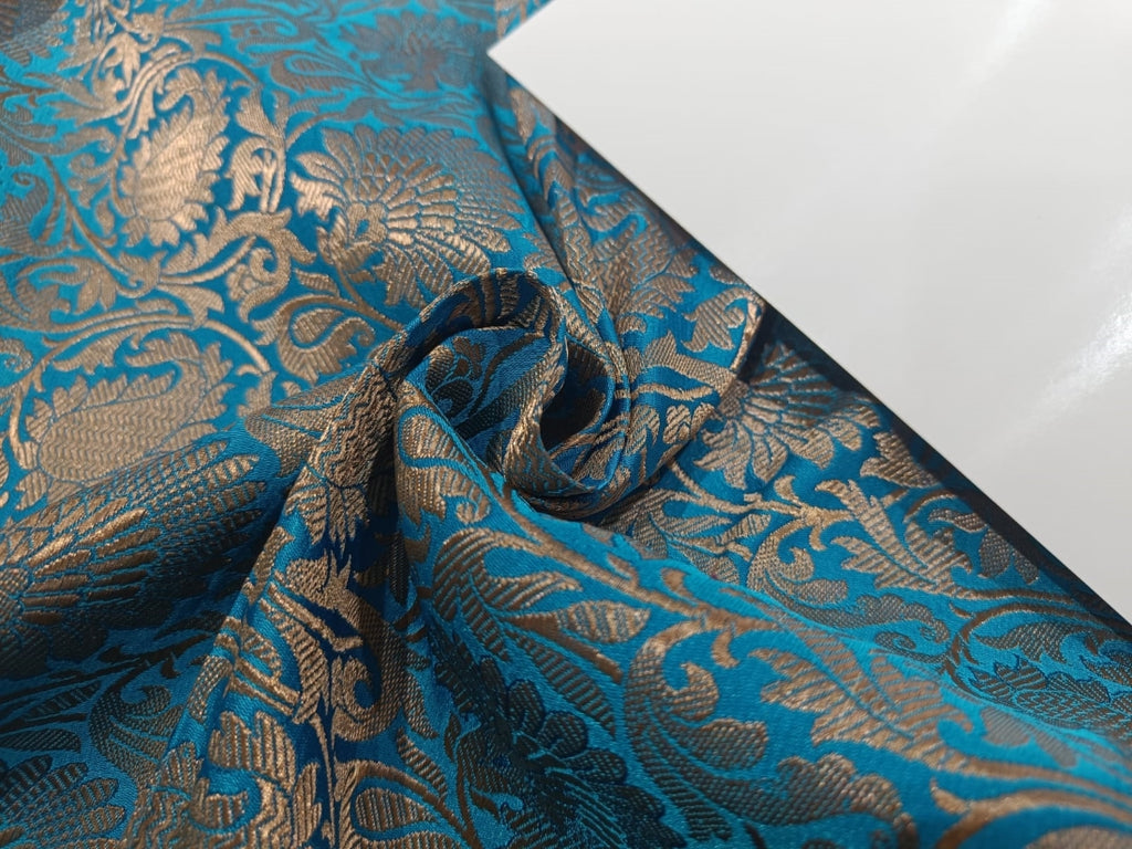 SILK BROCADE FABRIC BLUE X ANTIQUE GOLD COLOR BRO76[3]