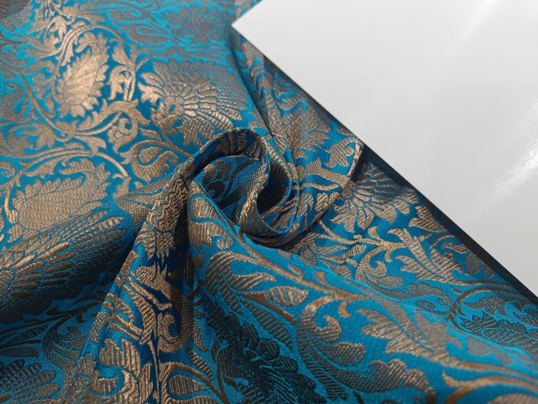 SILK BROCADE FABRIC BLUE X ANTIQUE GOLD COLOR BRO76[3]