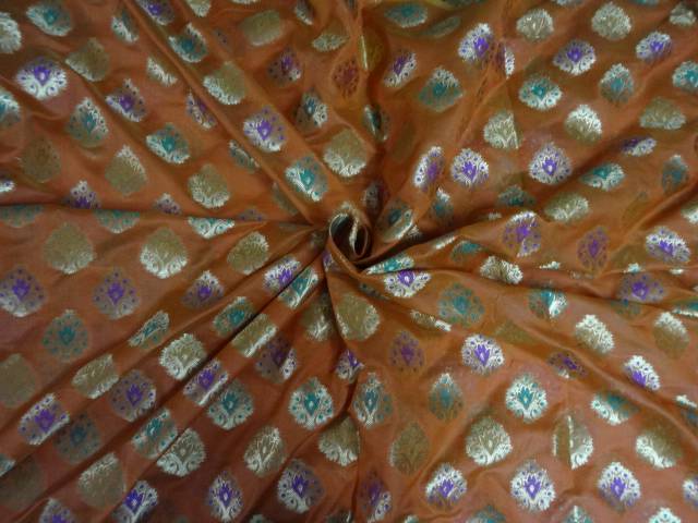 SILK BROCADE FABRIC ORANGE,GREEN,METALLIC GOLD COLOUR 44" WIDE BRO409[5]