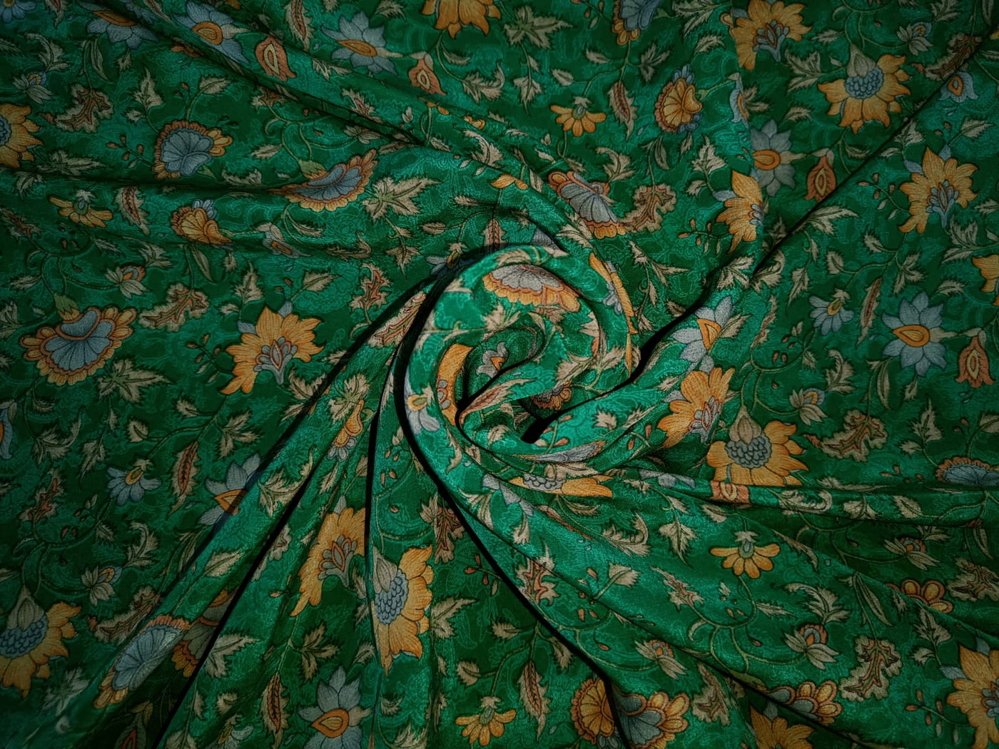 pure silk CDC crepe printed fabric in green and mango 16 mm weight [7917]