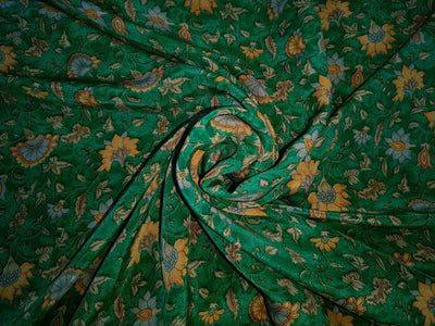 pure silk CDC crepe printed fabric in green and mango 16 mm weight [7917]