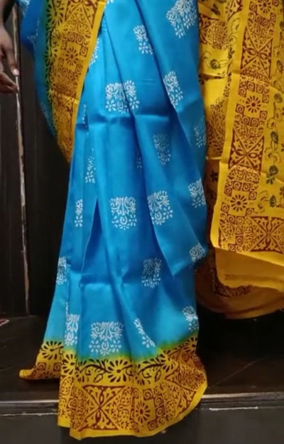 Indian Beautiful Cotton blue and yellow Saree