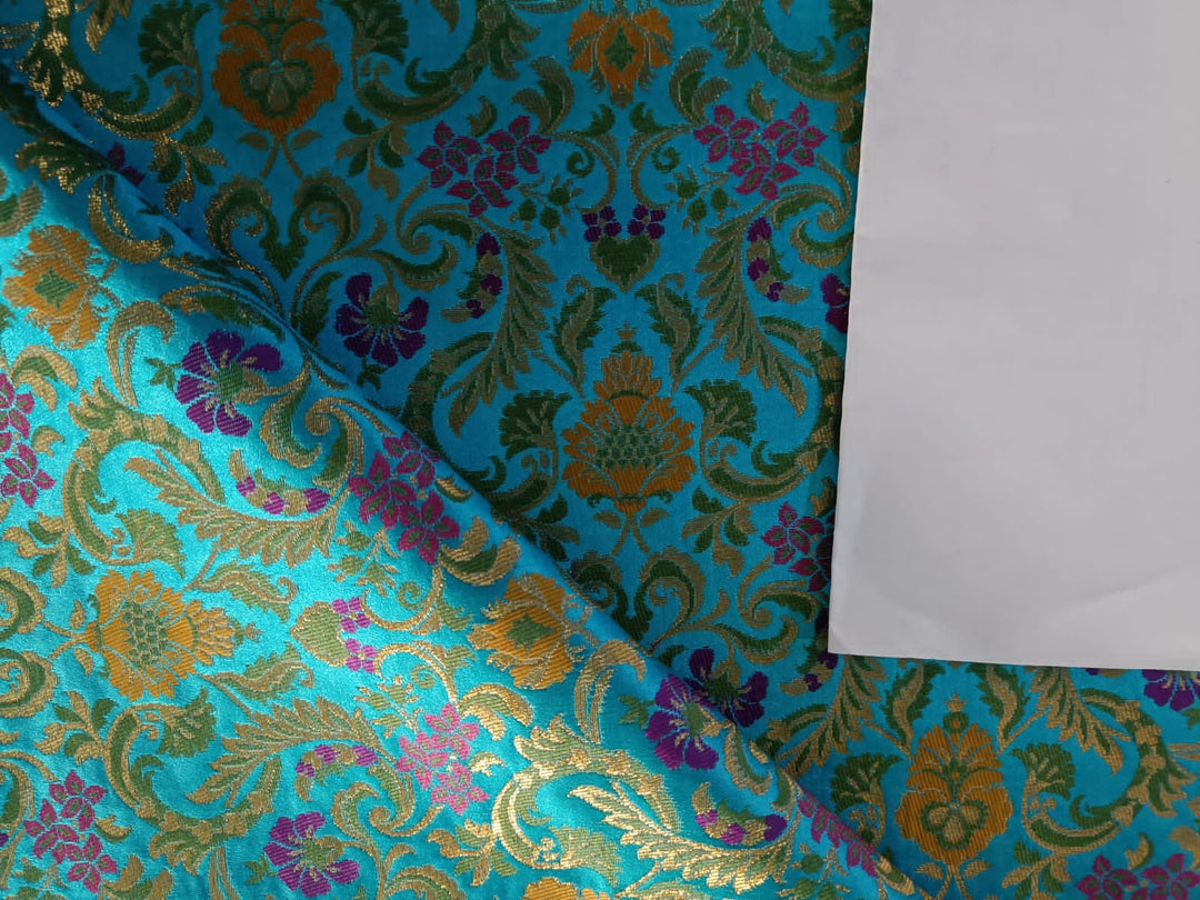 Silk Brocade fabric blue, pink, mustard and metalic jacquard color