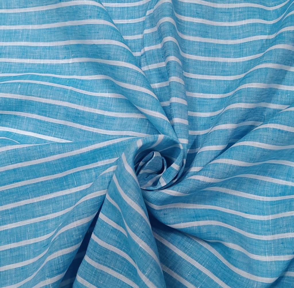 Superb Quality Linen Club Turquoise Blue with white horizontal stripe Fabric 58" wide