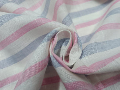 Superb Quality Linen Club Baby Pink and Powder Blue with white horizontal stripe Fabric ~ 58&quot; wide
