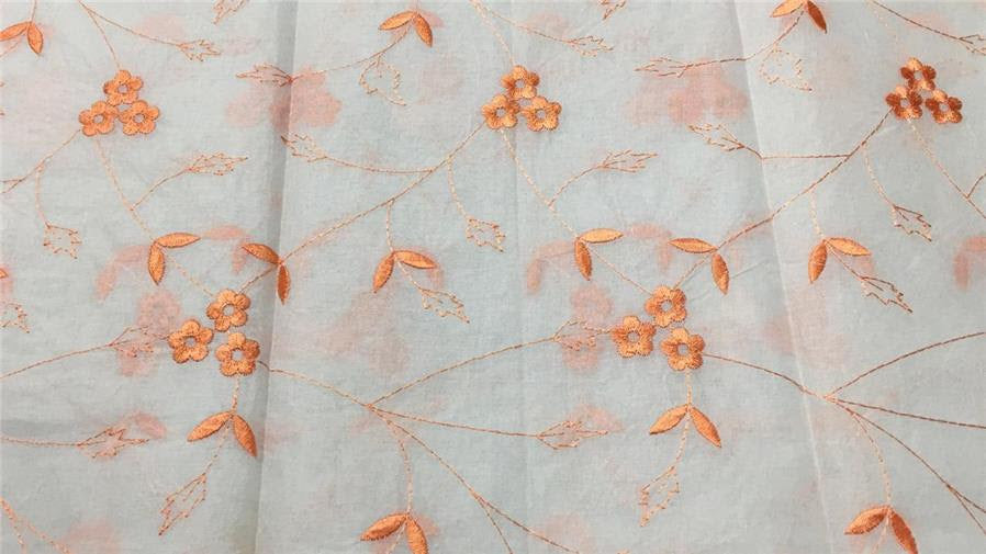100 % Cotton organdy fabric floral peach colour embroidered~single length 2.70 yards 44&quot; wide[9223]