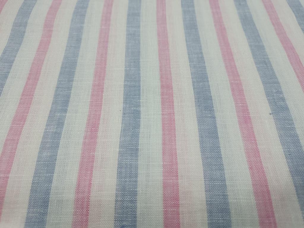 Superb Quality Linen Club Baby Pink and Powder Blue with white horizontal stripe Fabric ~ 58&quot; wide