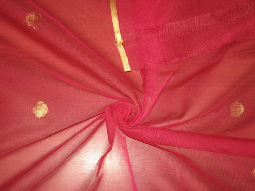 Dark Pink WEDDING SILK TULLE GOLD BORDER &amp; GOLD POLKA DOTS FABRIC [3229]