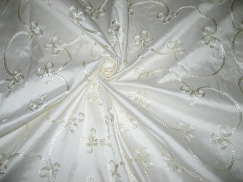 Pretty Ivory SILK DUPIONI Fabric with Embroidery