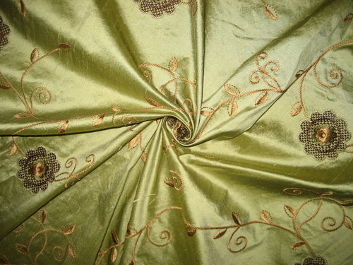 Olive Green SILK DUPIONI Fabric with Brown Embroidery DUP#E32