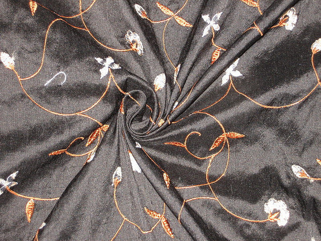 Pure SILK DUPIONI Fabric Black Floral Embroidery 54&quot; dupemb9