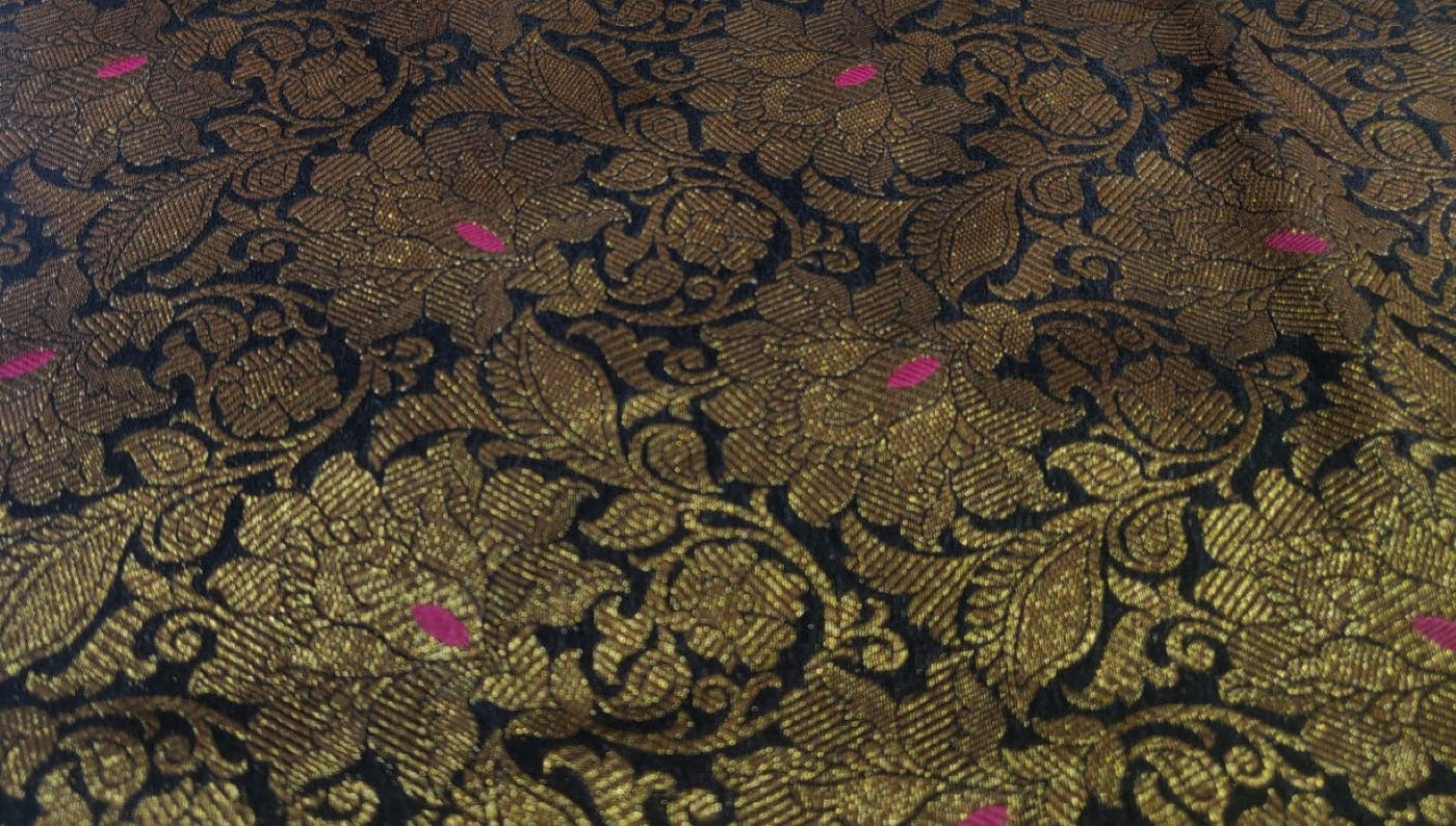 Brocade black with pink and blue motif and antique gold fabric  44&quot; wide BRO825[5]