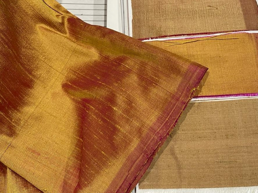 100% pure silk dupioni golden yellow x pink 108" wide with slubs fabric