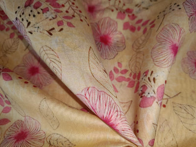 Chanderi silk fabric FLORAL PRINT cream with pink flowers 44" wide [12872]