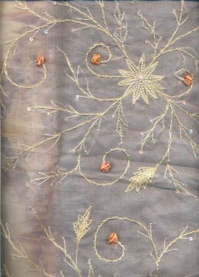 silk organza fabric- rose embroidery /beads/flowers 44&quot; - The Fabric Factory