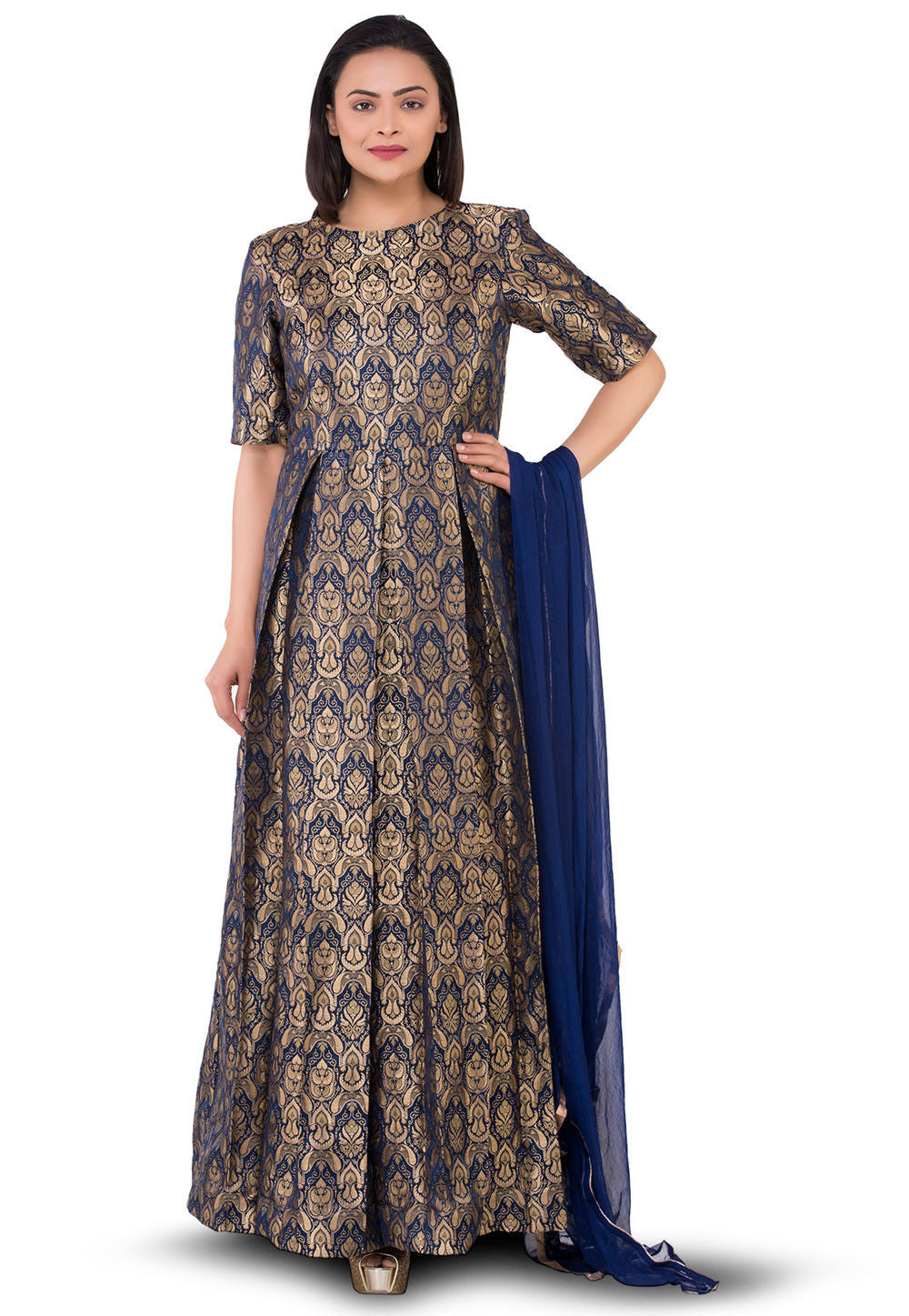 brocade silk dress Silk Brocade fabric Blue x metallic gold color 44