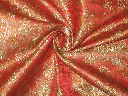 SILK BROCADE FABRIC Reddish Orange,Green &amp; Gold 44&quot;