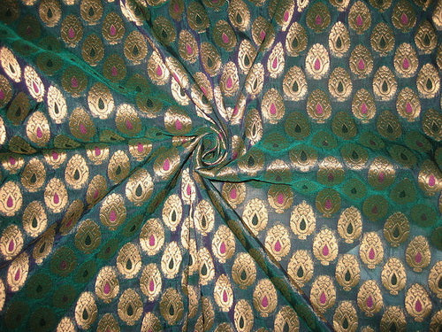 Silk Brocade Fabric Peacock Green &amp; Metallic Gold BRO147[4]