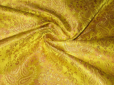 Silk Brocade Fabric Dark Lime Yellow &amp; Dark Salmon