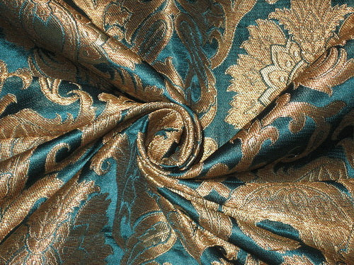 Heavy Silk Brocade Fabric Peacock Blue & Metallic motifs 36" wide BRO158[2]