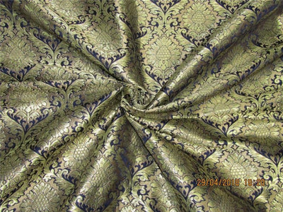 Heavy Silk Brocade Fabric navy blue x Metallic Gold color 36&quot;