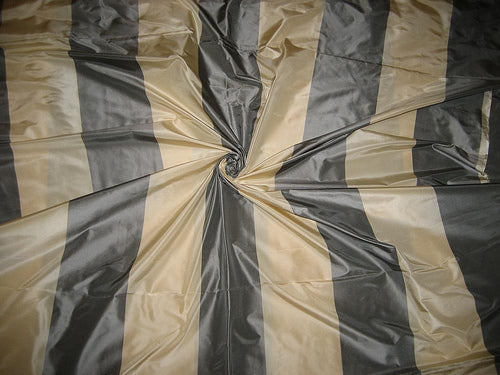 Silk Taffeta Fabric Dark Cream &amp; Steel Grey Stripes TAFS47