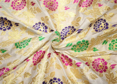 100% silk Brocade fabric multi color floral with metallic gold on white color BRO656[3]