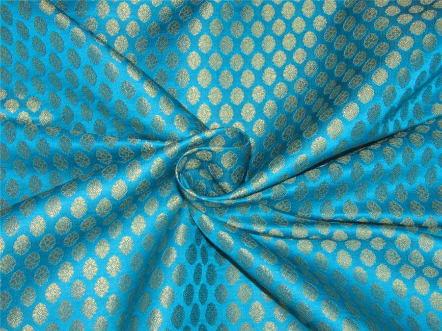 Brocade fabric aqua blue and metallic gold 44&quot;wide