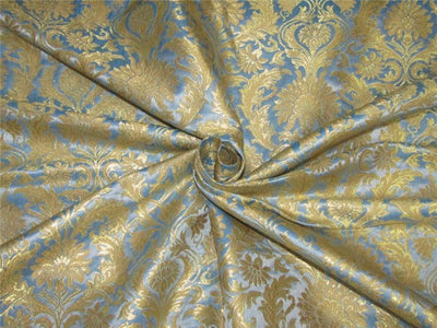 Heavy Silk Brocade Fabric blue x Metallic Gold color 36&quot;