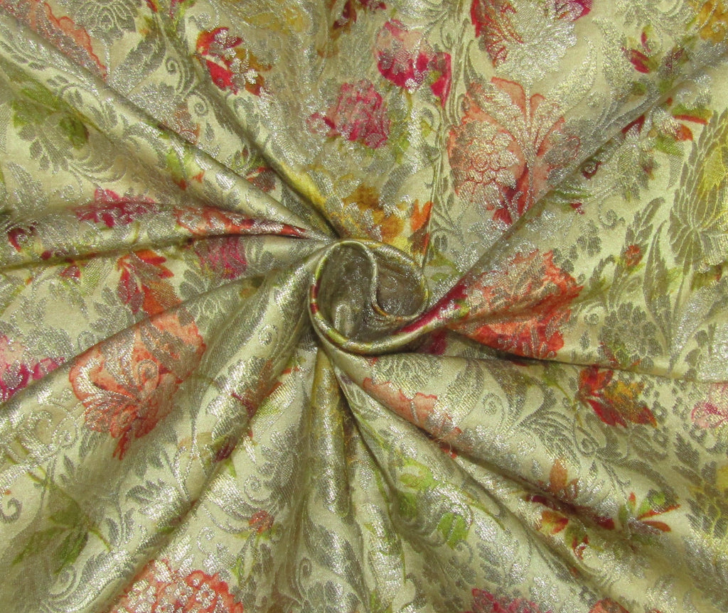 Heavy Silk Brocade Fabric mango/pink/orange/metallic gold color 36&quot;