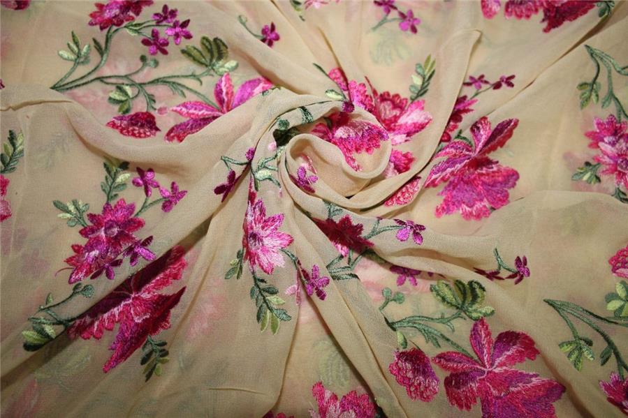 100% SILK georgette heavily embroidered champagne/pink/green 44&quot;wide